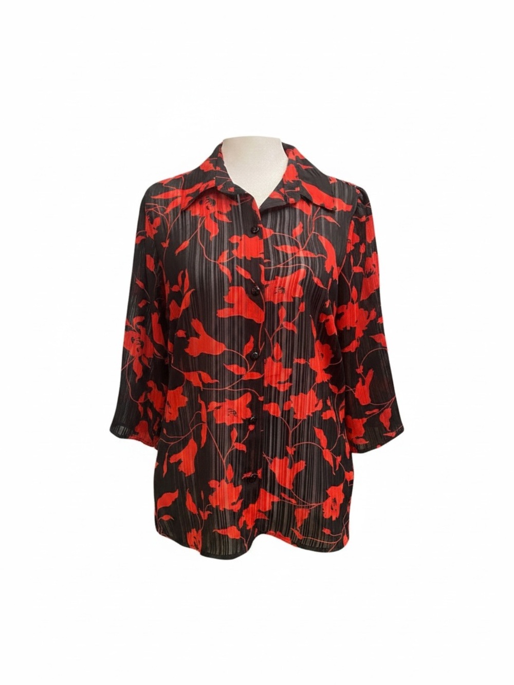 NOTATIONS Women’s size Medium Petite red and black sheer floral button up blouse